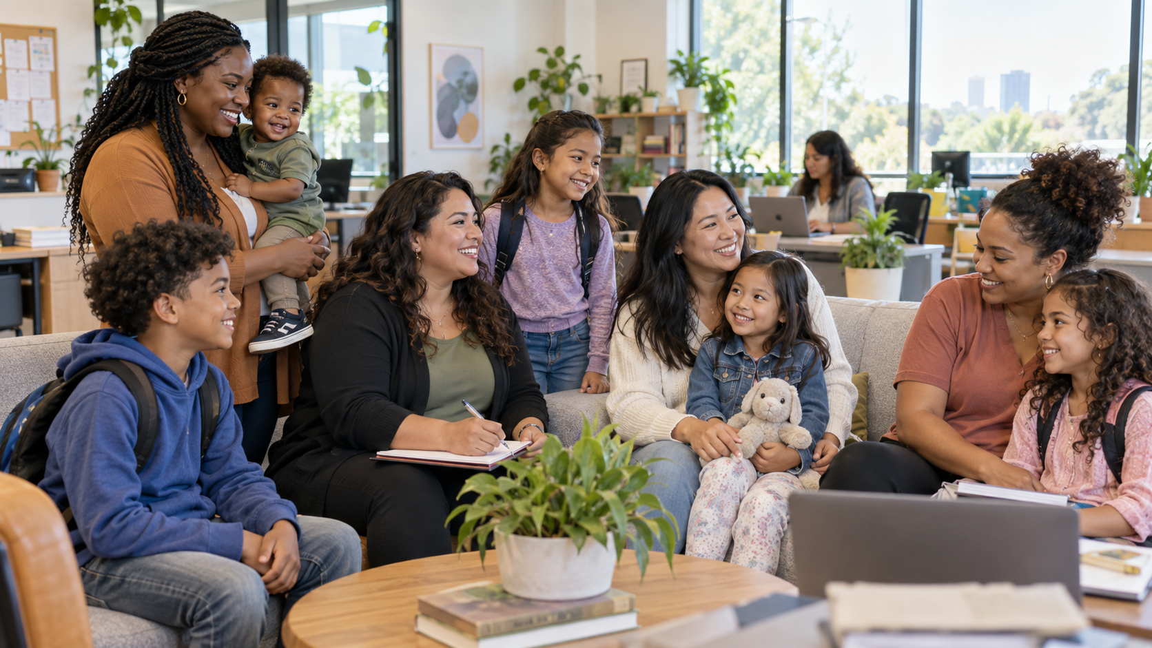A family and support professional sharing a calm conversation