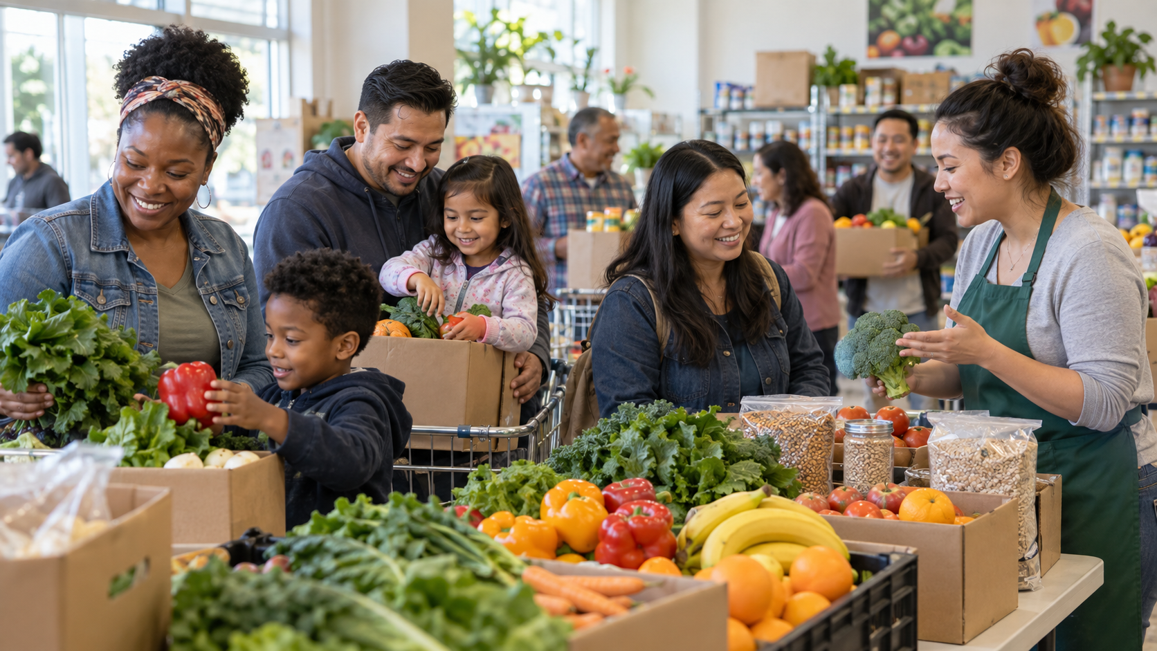 Families selecting fresh food during nutrition education
