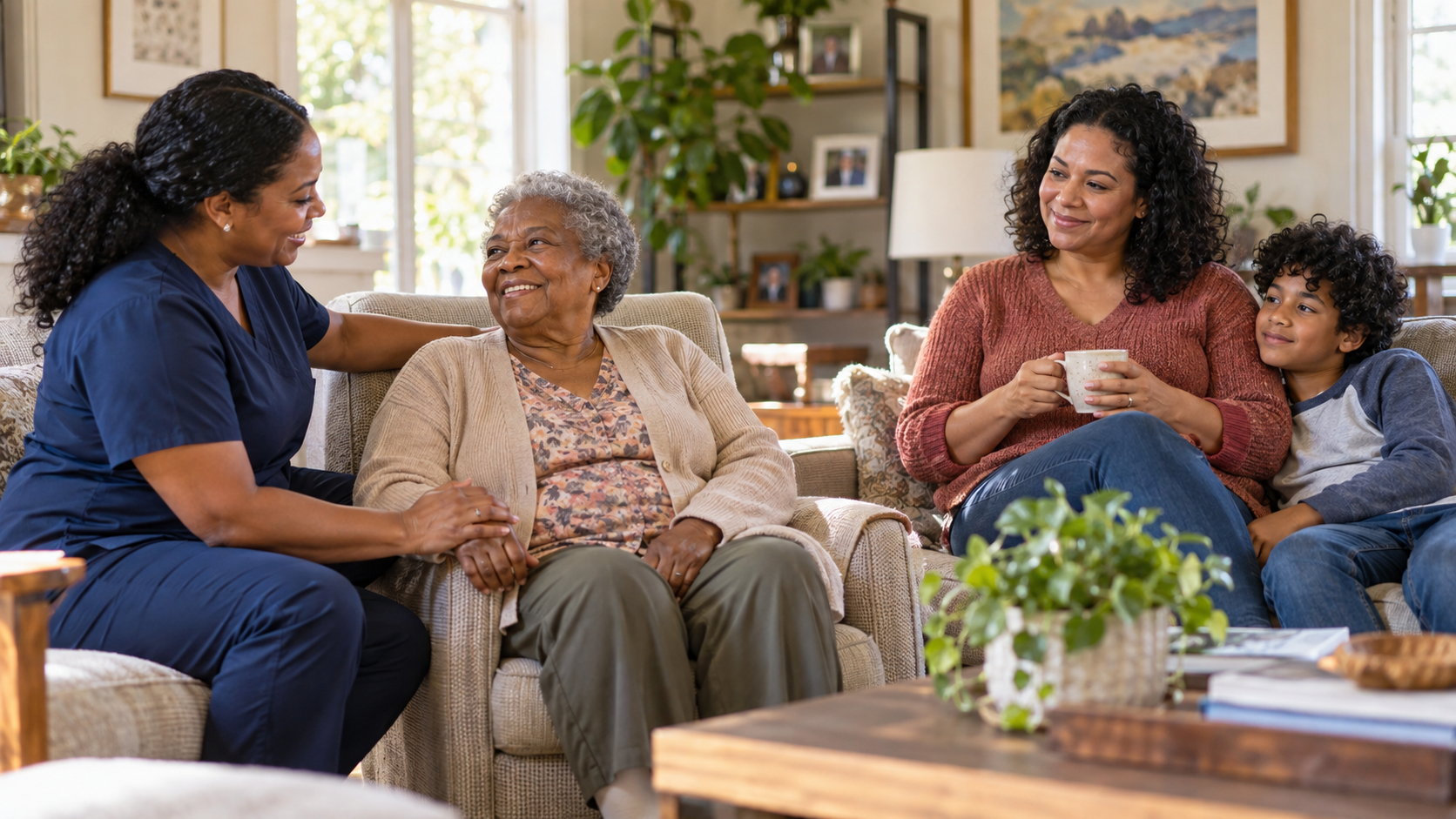 A caregiver spending time with an older adult at home
